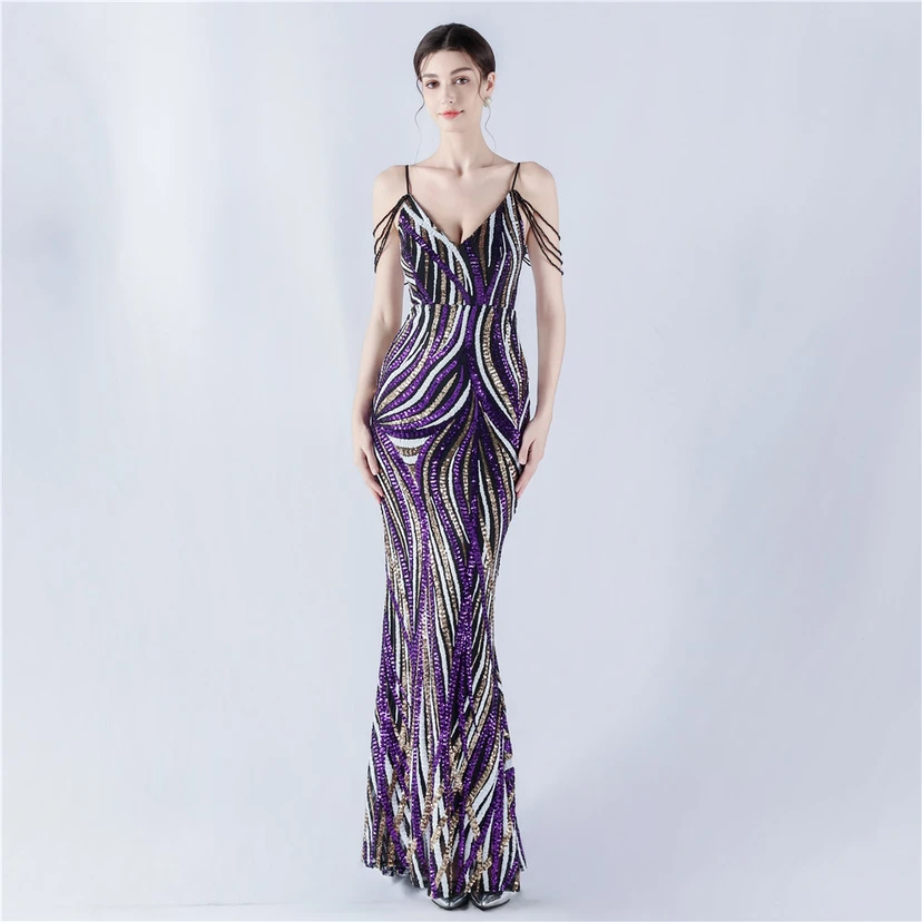 Sequined Striped Color Matching Slim Dinner Host Suspender Long Dress For Women view 28