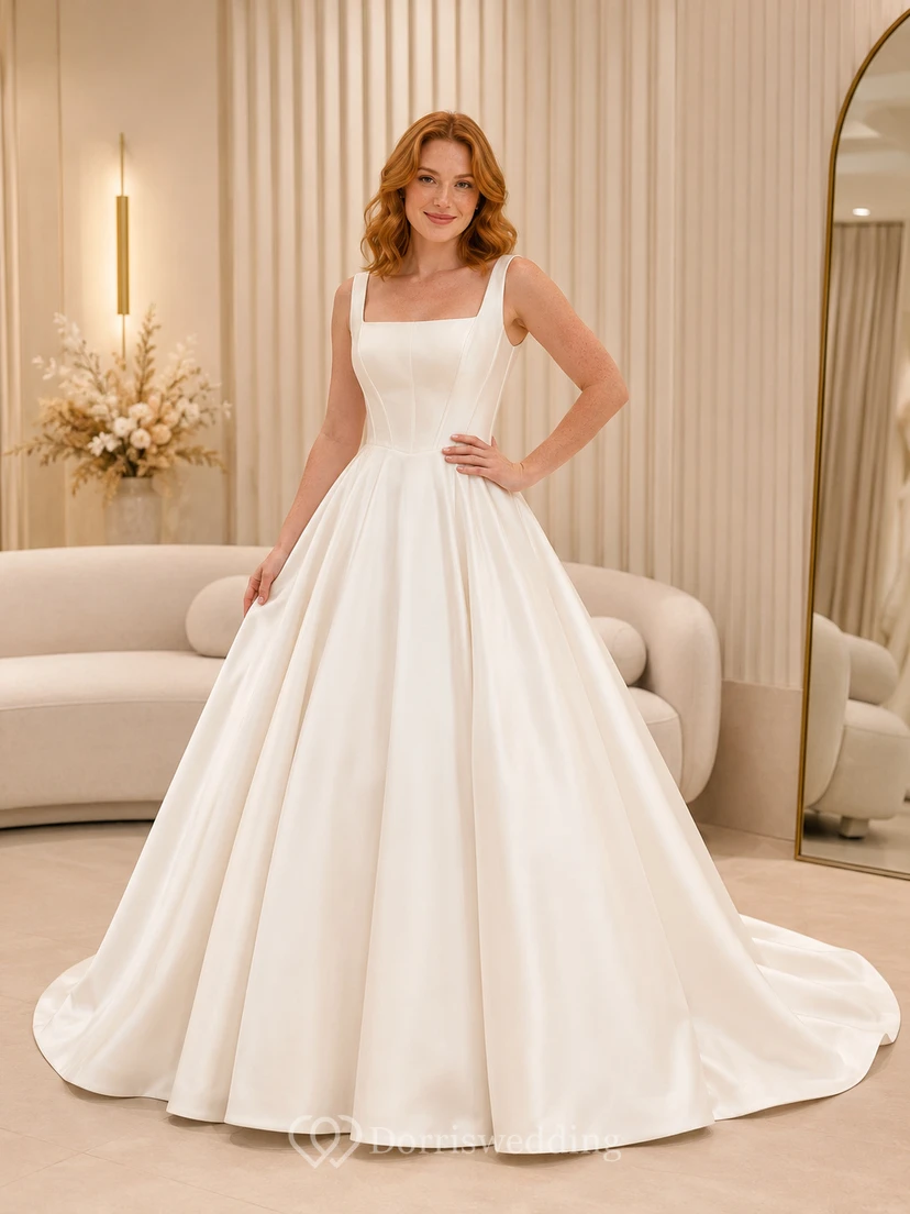 Modernes Brautkleid aus Satin mit eckigem Ausschnitt