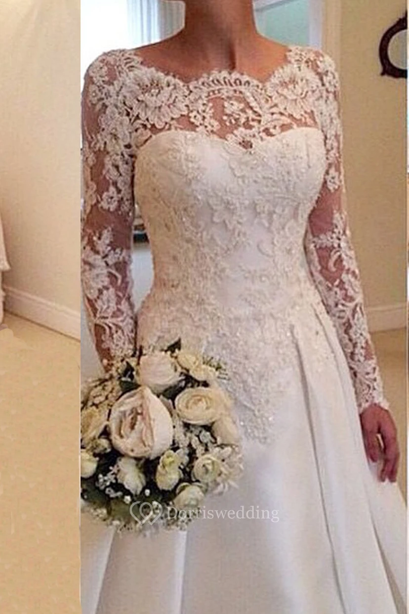 Elegant Illusion Long Sleeve Modest Wedding Dress With Lace Appliques