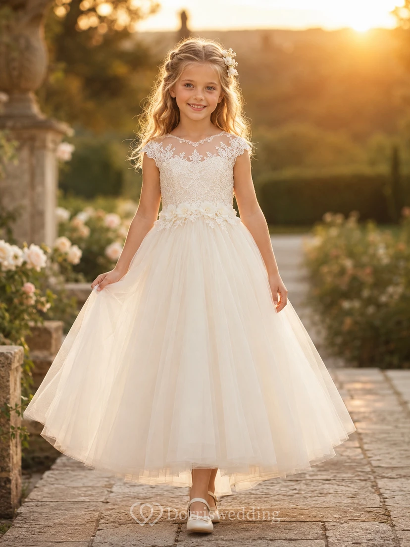 Blumenmädchenkleid aus elfenbeinfarbener Spitze und Tüll, A-Linie, kurze Ärmel, Rundhalsausschnitt, Teelänge, Schleife am Rücken