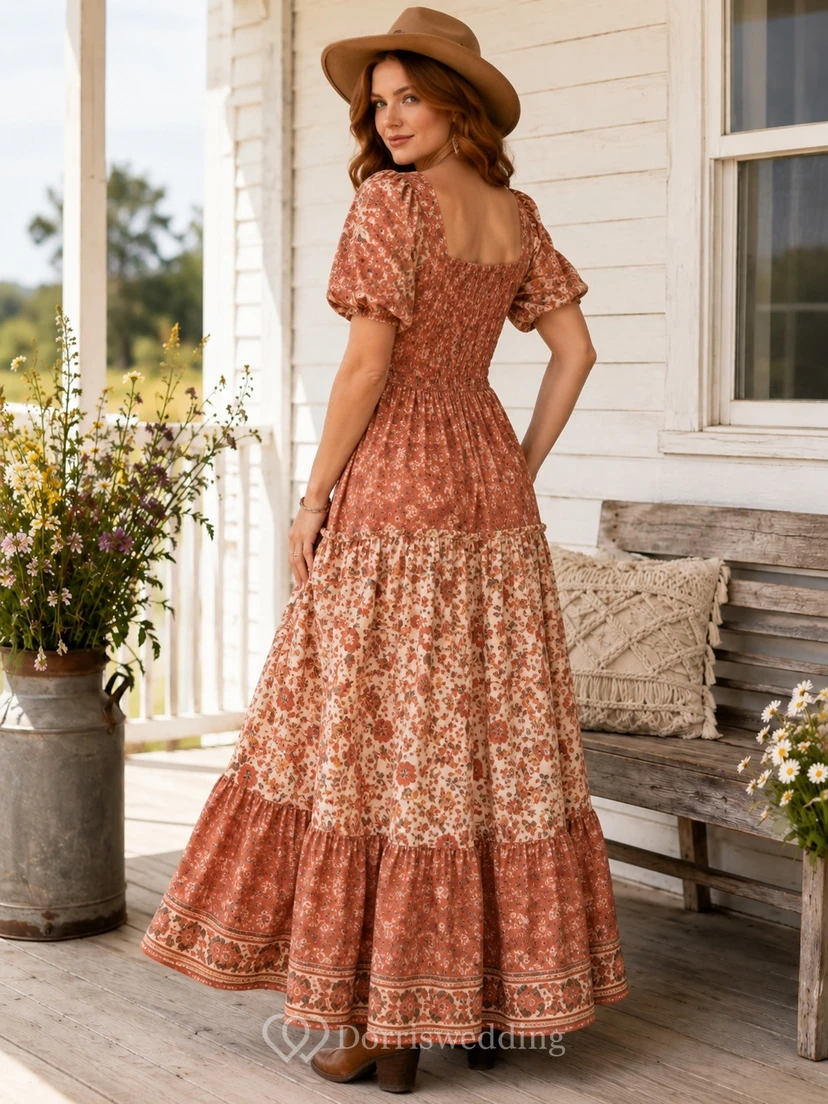 Vestido bohemio de gasa con estampado floral color óxido, cuello cuadrado y mangas abullonadas, estilo campestre. view 2