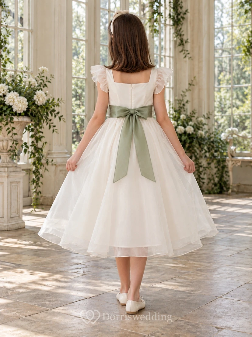 Ivory Square Neck Ruffle Sleeve Sage Sash Flower Girl Dress view 2