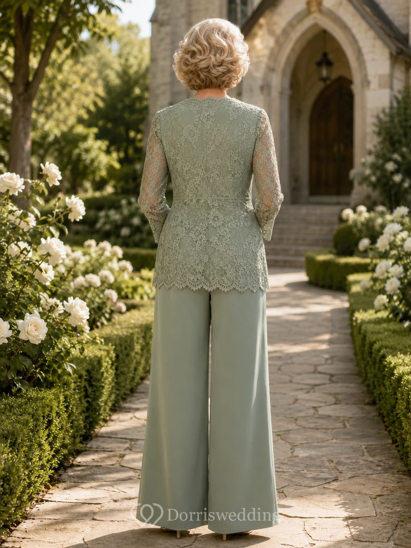 Conjunto de pantalón y chaqueta largos de encaje, top escotado y pantalón de pierna ancha de Sage Mother. view 2