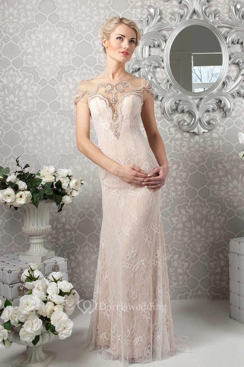 Sheath Scoop-Neck Beaded Long Sleeveless Lace Evening Dress view 3