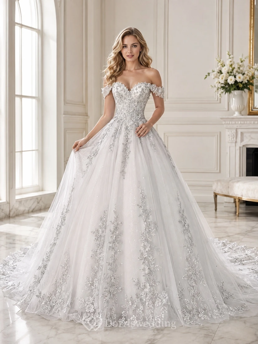 Elegantes graues Ballkleid aus Spitze mit schulterfreiem Ausschnitt, kurzen Ärmeln und bodenlanger Schleppe