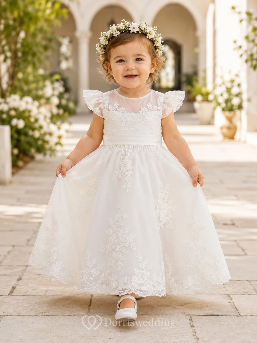 Baby Baptism Christening Ceremony Dress A-Line Ankle-Length Jewel Neck Cap Sleeve Tulle Lace Bow Back Button Back