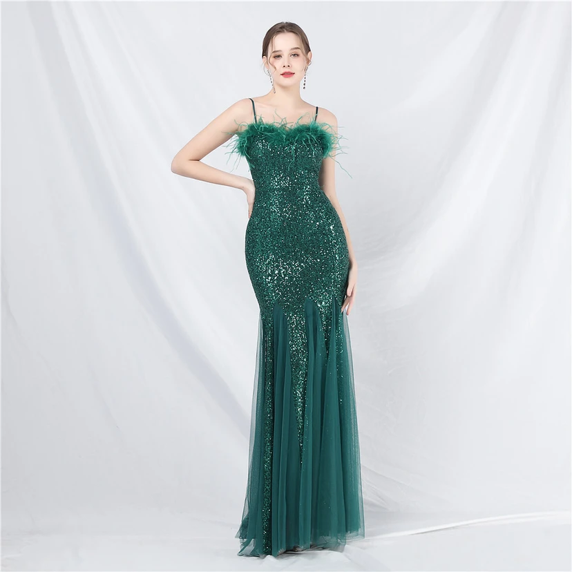 Craft Ostrich Feather Mesh Sequined Long Evening Dress view 28