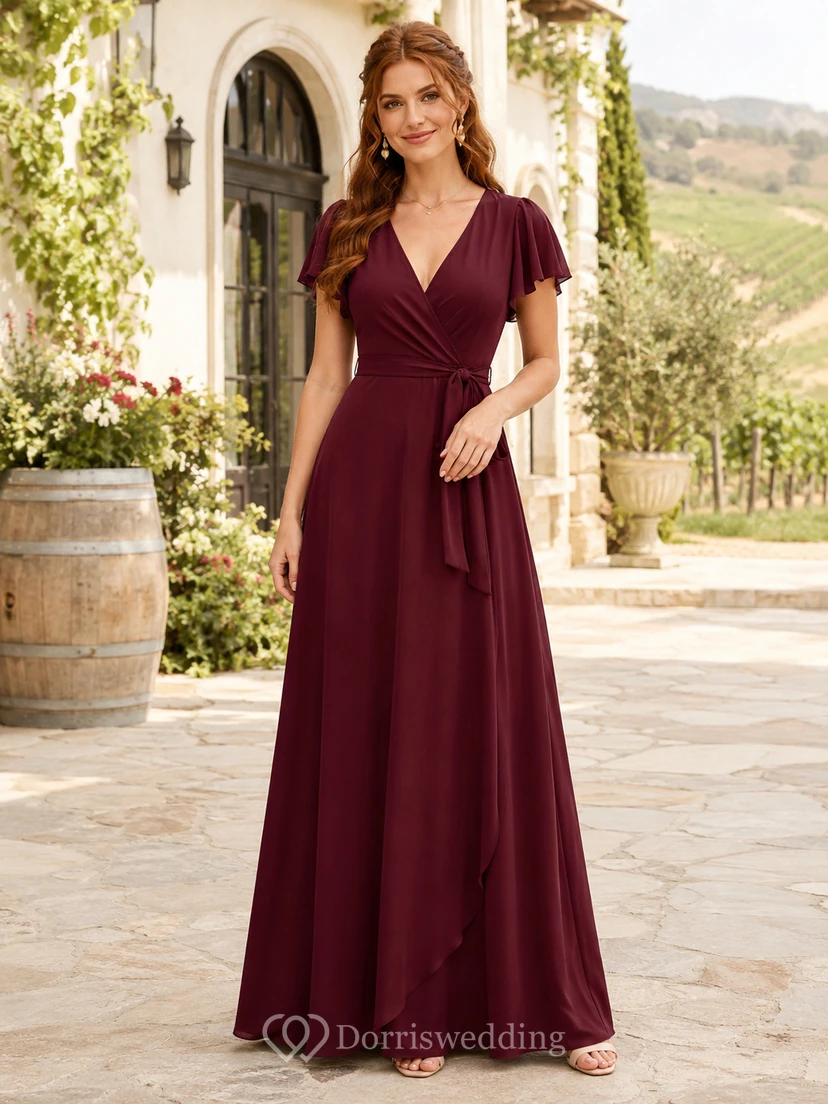 Burgundy Countryside Winery Wedding Guest Bridesmaid Evening Formal Dress A-Line Floor-Length V-Neck Short Sleeve Chiffon Zipper Back