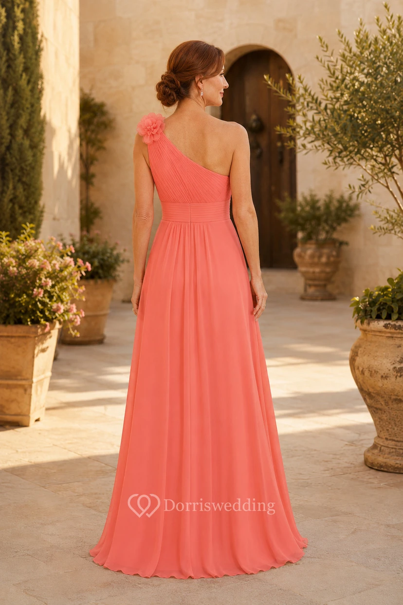 Korallenfarbenes, einseitig schulterfreies Chiffon-A-Linien-Kleid mit seitlicher Drapierung view 2