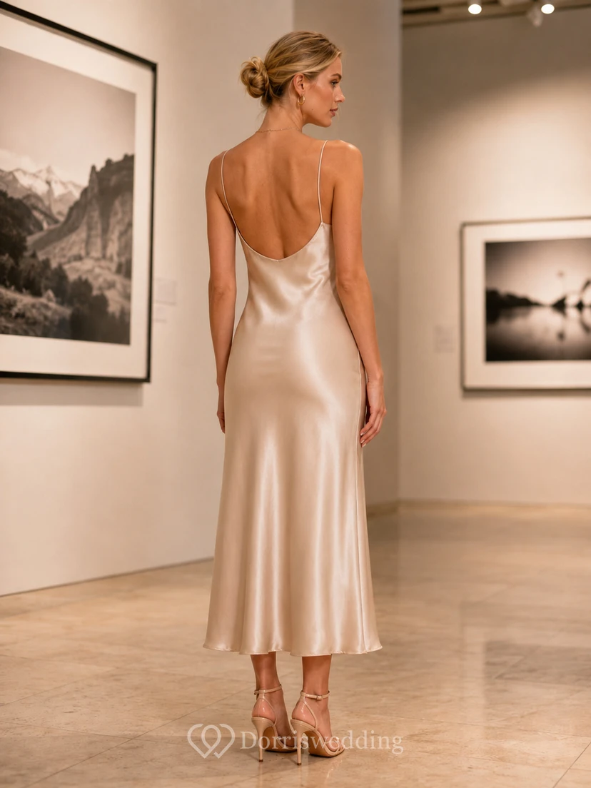 Robe nuisette midi en satin champagne à col bénitier, style exposition photo view 2