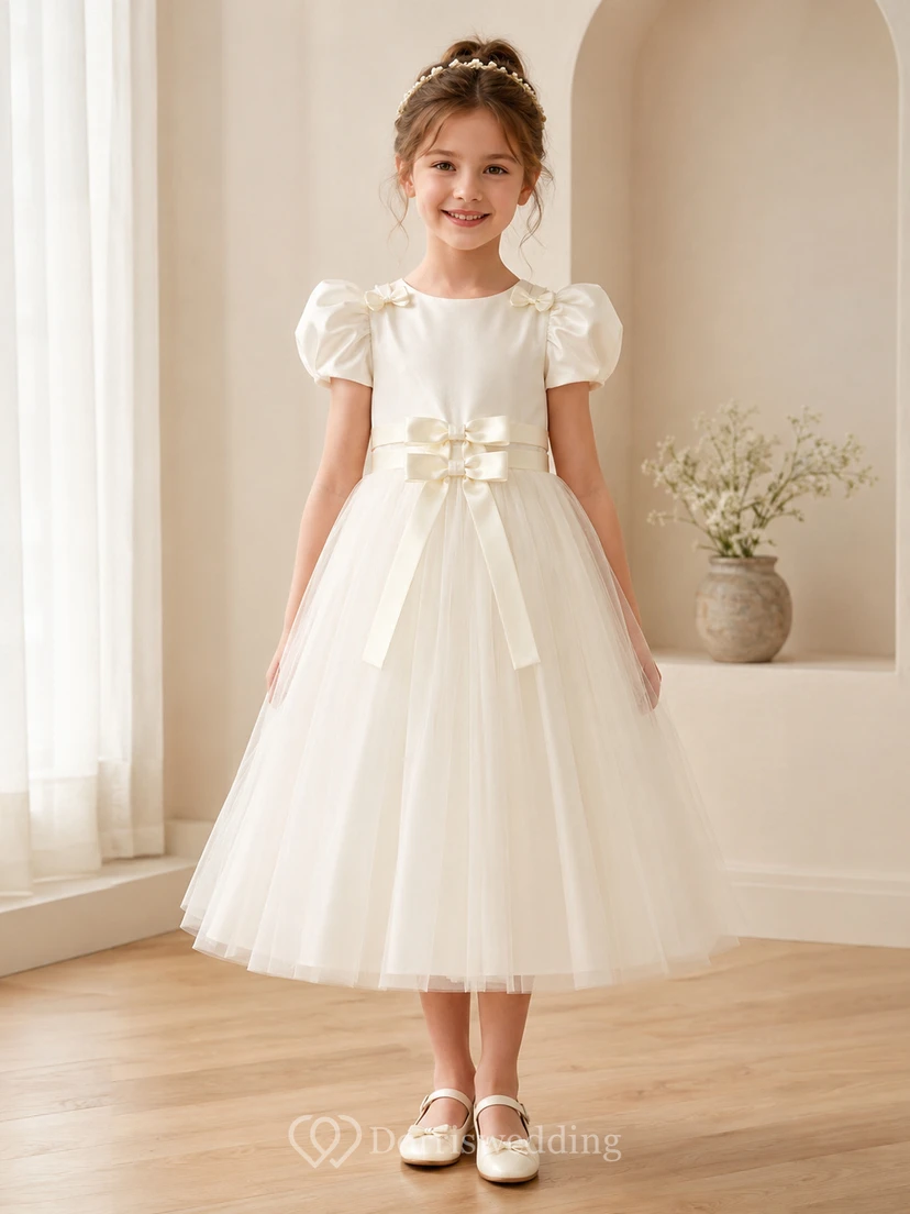 Classic Tulle A-Line Flower Girl Dress with Jewel Neck, Tea-Length Skirt and Bow Detail