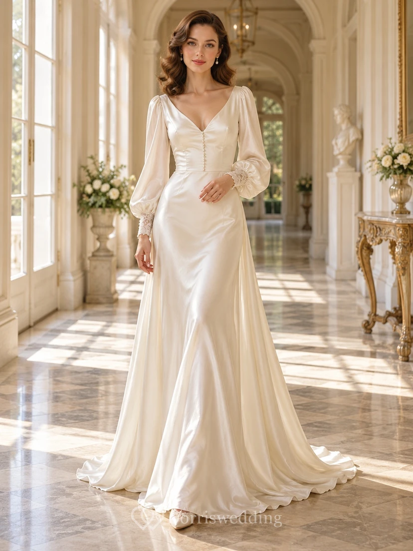 Vintage Long Poet Sleeve V-neck Satin Fitted Wedding Dress