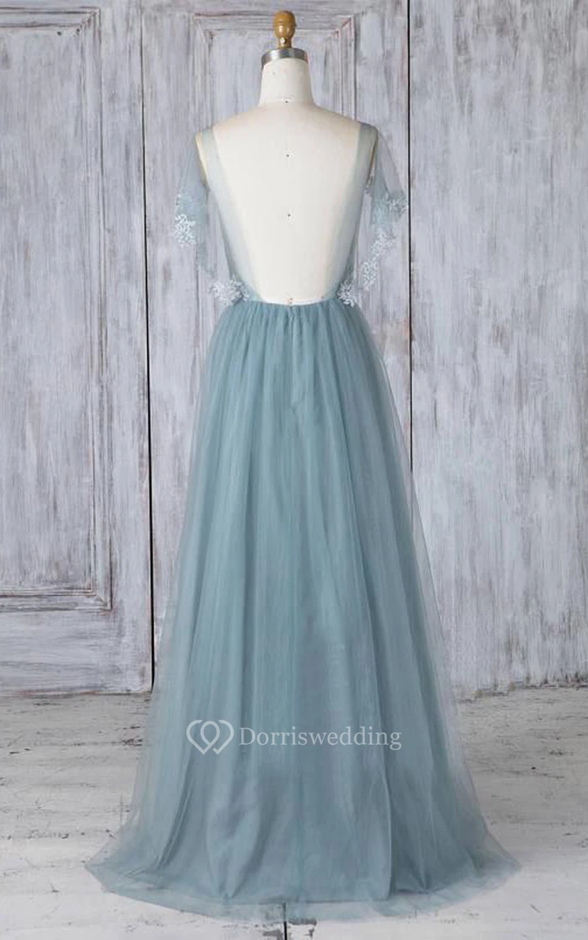 Bodenlanges, schlichtes, formelles A-Linien-Kleid aus Tüll mit kurzen Ärmeln und Falten view 2
