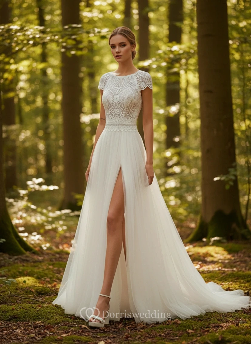 Cap Sleeve Lace Bodice Wedding Dress with Thigh-High Slit and Flowy Tulle Skirt