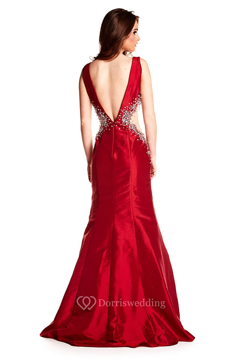 Mermaid Floor-Length Beaded Sleeveless V-Neck Satin Prom Dress With Deep-V Back view 2