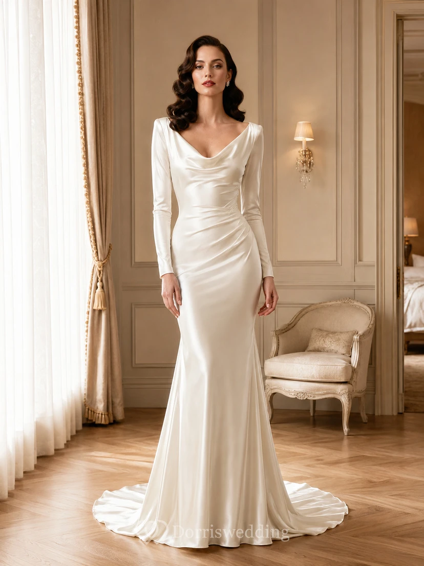Vintage Elegant Cowl Neck Long Sleeve Satin Sheath Court Train Wedding Dress