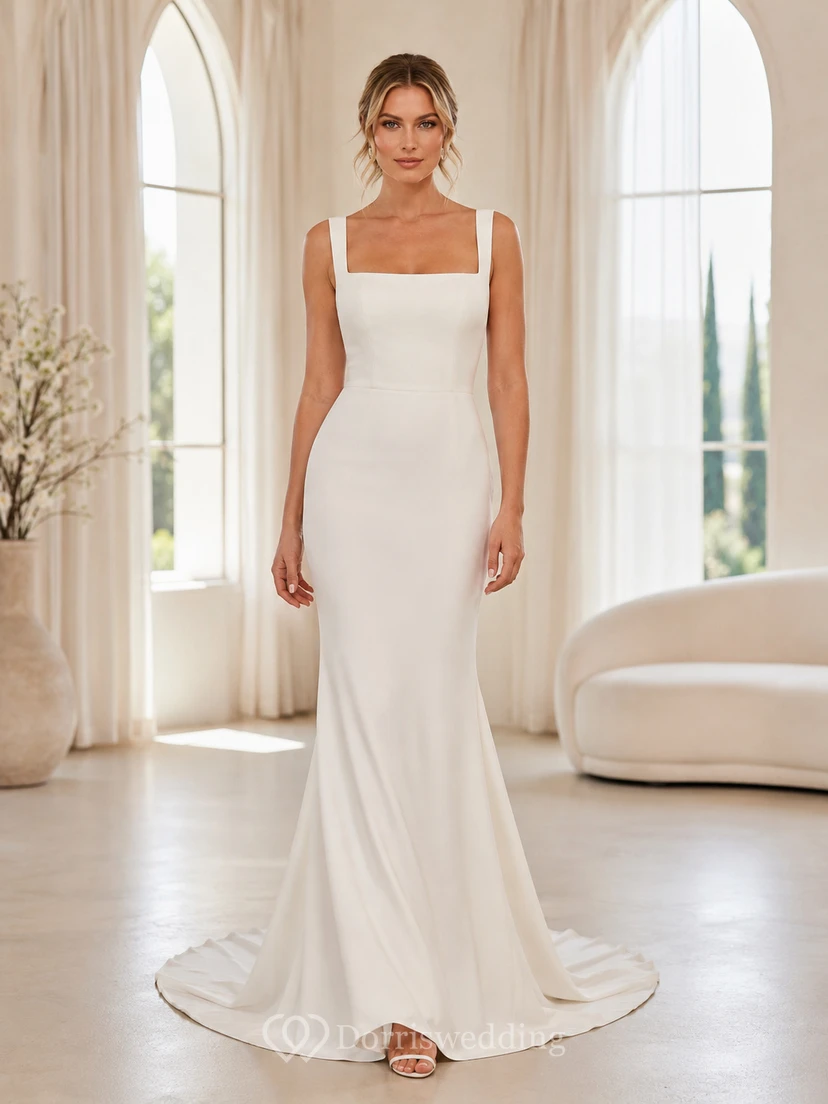 Minimalist Stretch Satin Wedding Dress Mermaid Square Neck Sleeveless Sweep Train Bridal Gown