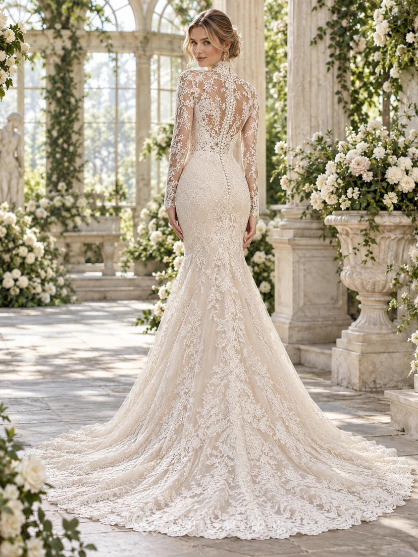 Mermaid Long Sleeve High Neck Floral Lace Train Wedding Dress view 2