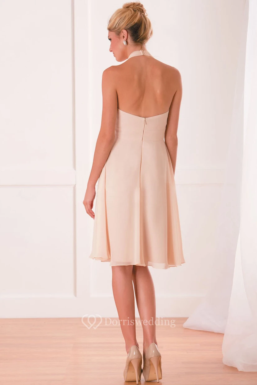 Halter V-Neck Knee-Length Bridesmaid Dress With Pleats view 2