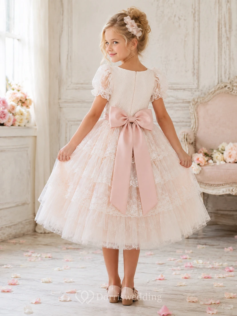 Flower Girl Dress A-Line Blush Lace Tulle Ruffle Bow Party view 2