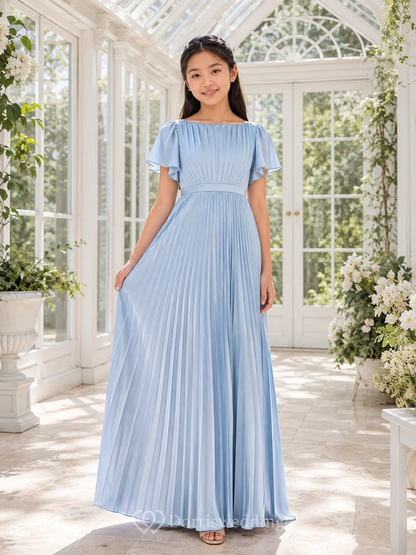 Himmelblaues Brautjungfernkleid in A-Linie mit U-Boot-Ausschnitt und kurzen, juwelenbesetzten Ärmeln aus elegantem Satin