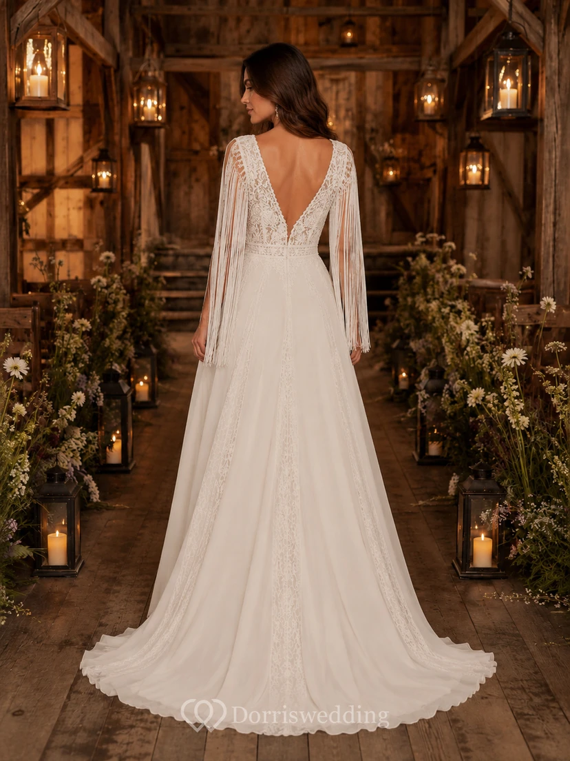Robe de mariée bohème rustique à col en V et manches cloche, coupe trapèze view 2