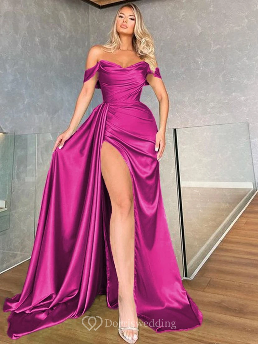 Robe de soirée verte sexy à épaules dénudées et fente avant, froncée et simple view 14