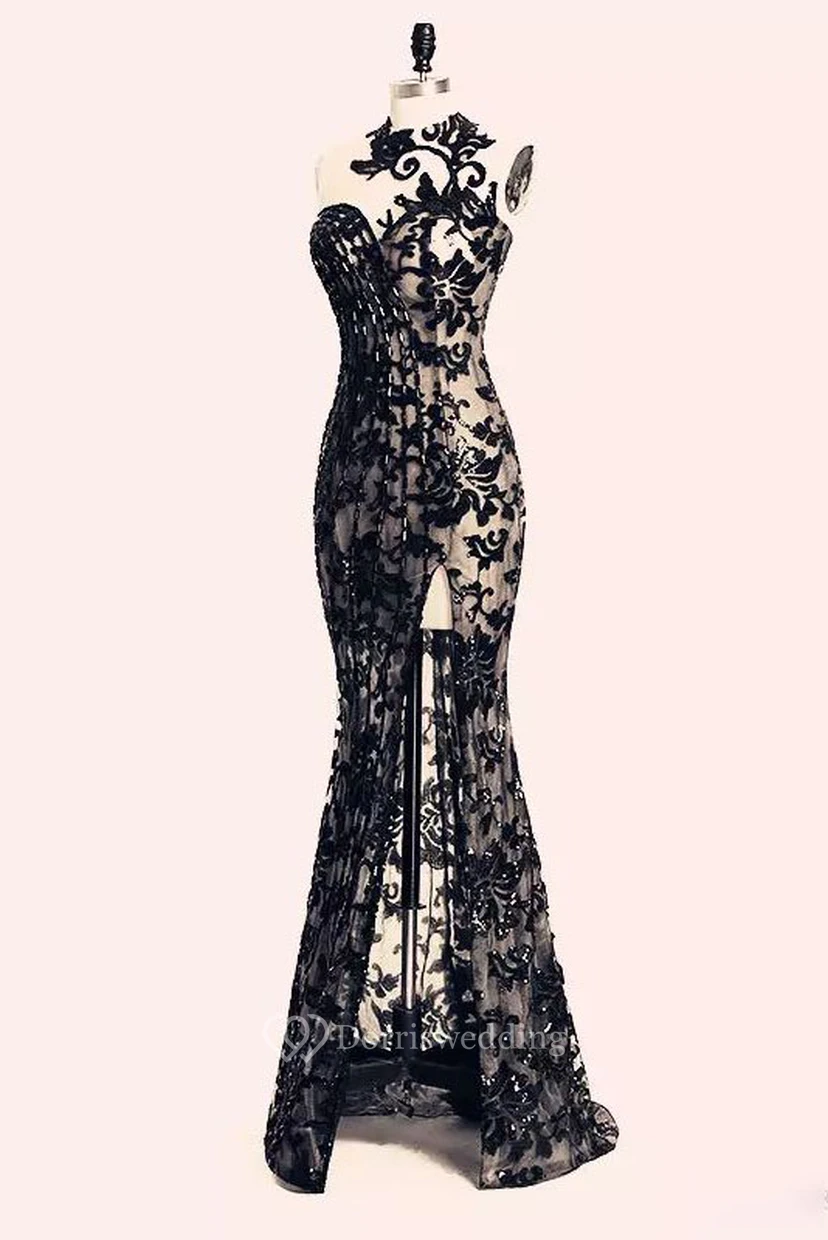 Floor-length Sleeveless Open Back Bateau Lace Sexy Modern Bodycon Zipper Lace Evening Dress 