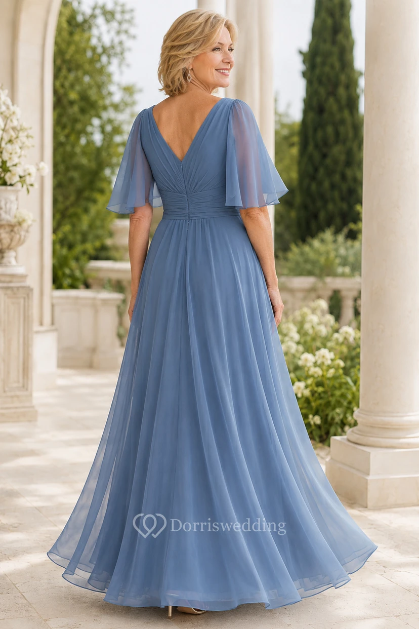 Schieferblaues Chiffon-Kleid in A-Linie mit V-Ausschnitt und Volantärmeln view 2