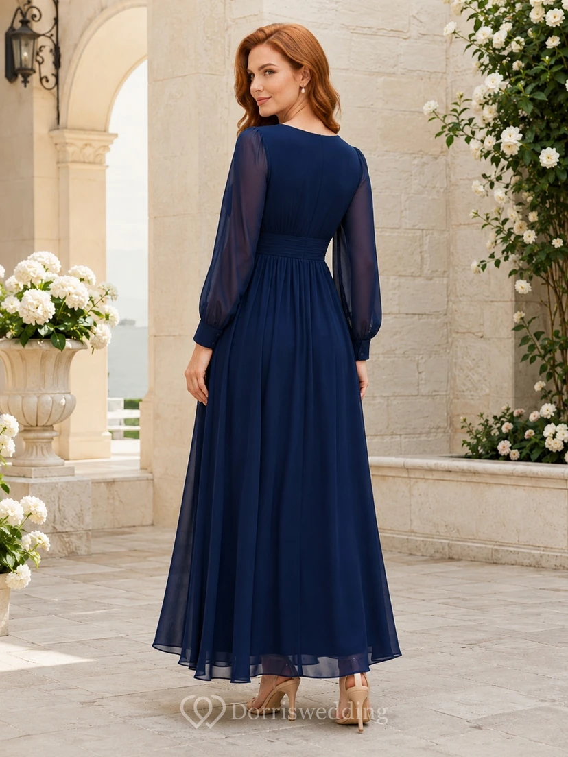 Modest Dark Navy Chiffon V-Neck Long Sleeve Elegant Empire A-Line Formal Dress view 2