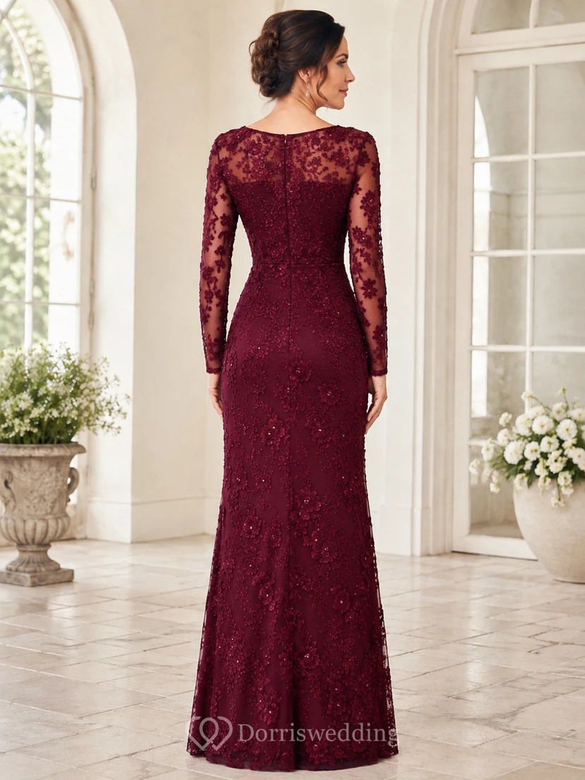 Burgundy lace long sleeve floor length sheath evening dress view 2