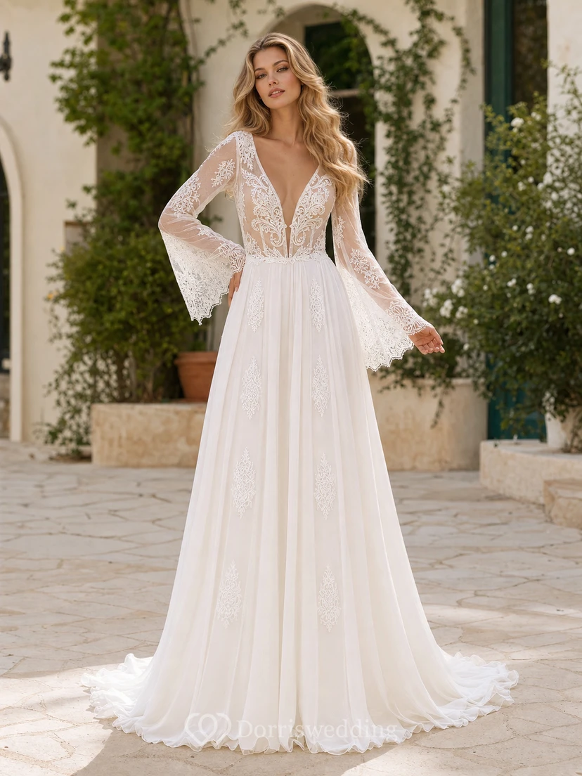 Bohemianisches A-Linien-Brautkleid aus Tüll, bodenlang, langärmelig, rückenfrei und gerafft video preview