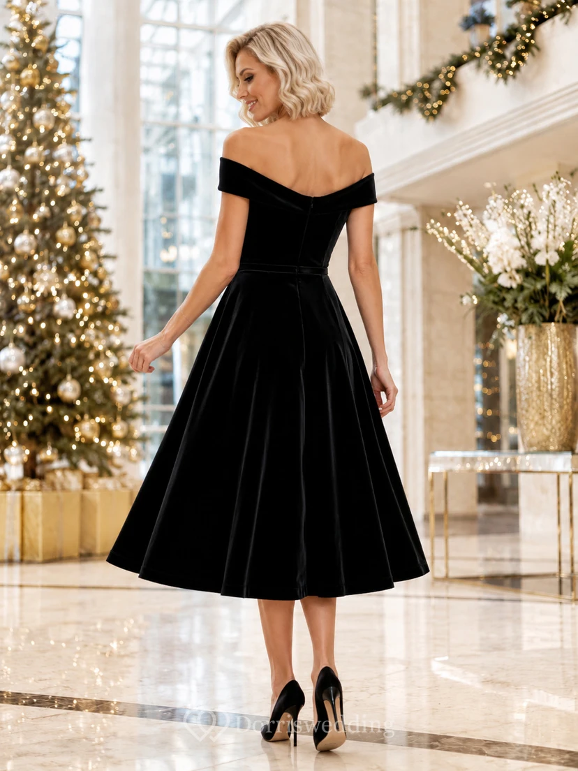 Schwarzes schulterfreies, ärmelloses A-Linien-Kleid aus Samt in Teelänge für festliche Anlässe – Weihnachtskleid view 2