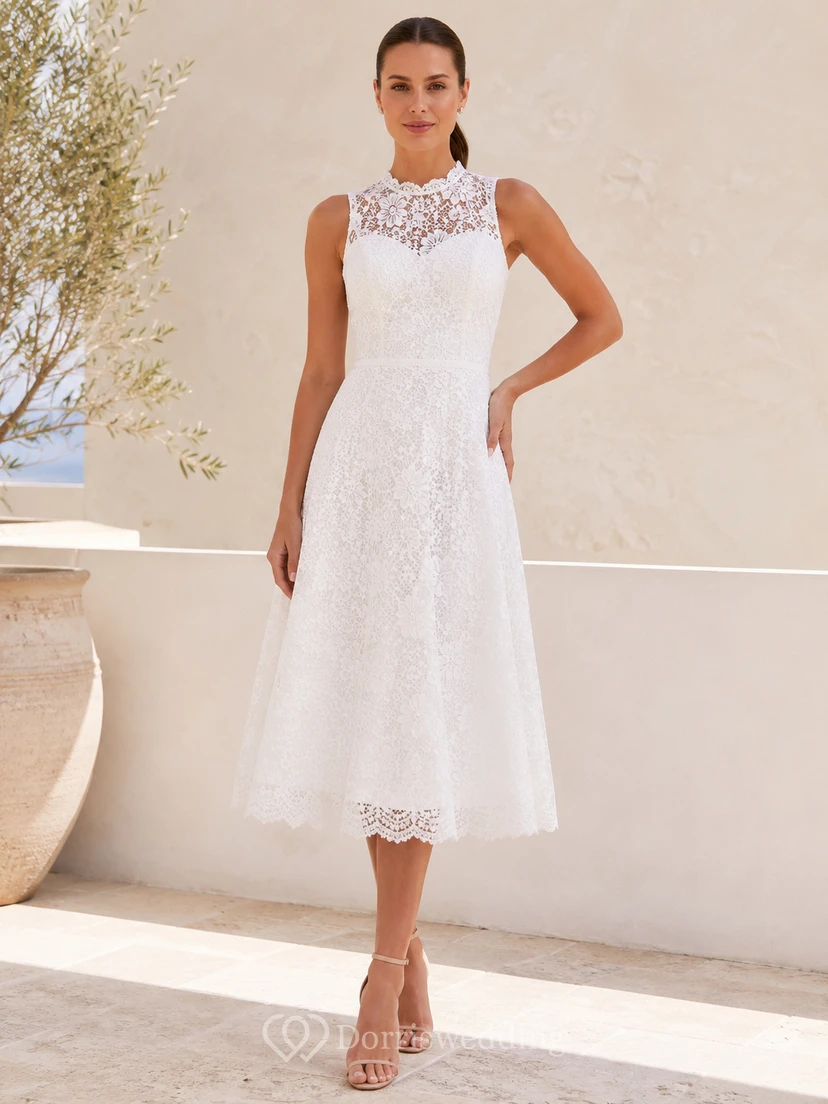 Covered Garden Ivory A-Line Tea-Length High-Neck Sleeveless Lace Modest Cocktail Dress