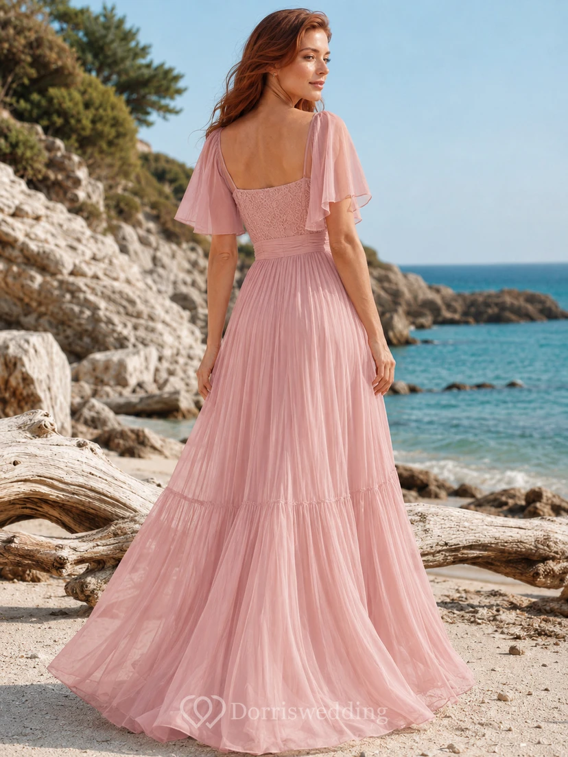 Blush Flutter Sleeve Tiered Chiffon Beach Bridal Gown view 2