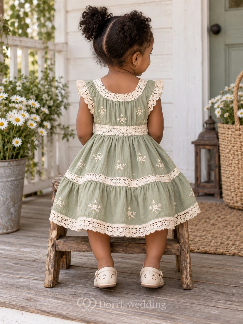Boho Knee-length Sage Summer A-line Lace-trimmed Cap-sleeve Embroidered Flower Girl Dress view 2