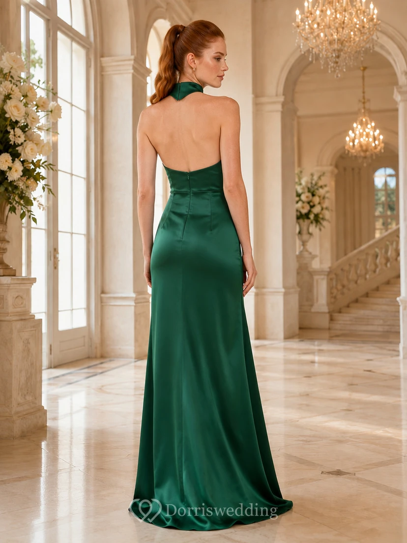 Emerald High Neck Halter Satin Opera Opening Gown view 2