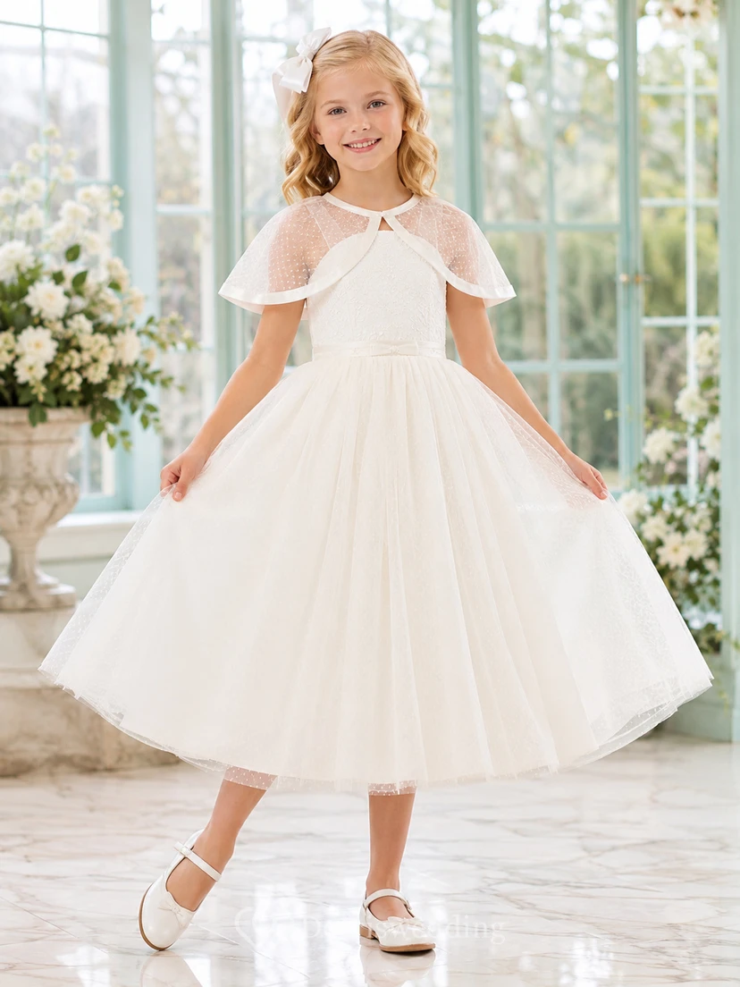 Vestido de niña de las flores para comunión formal con capa corta de tul transparente y lazo blanco