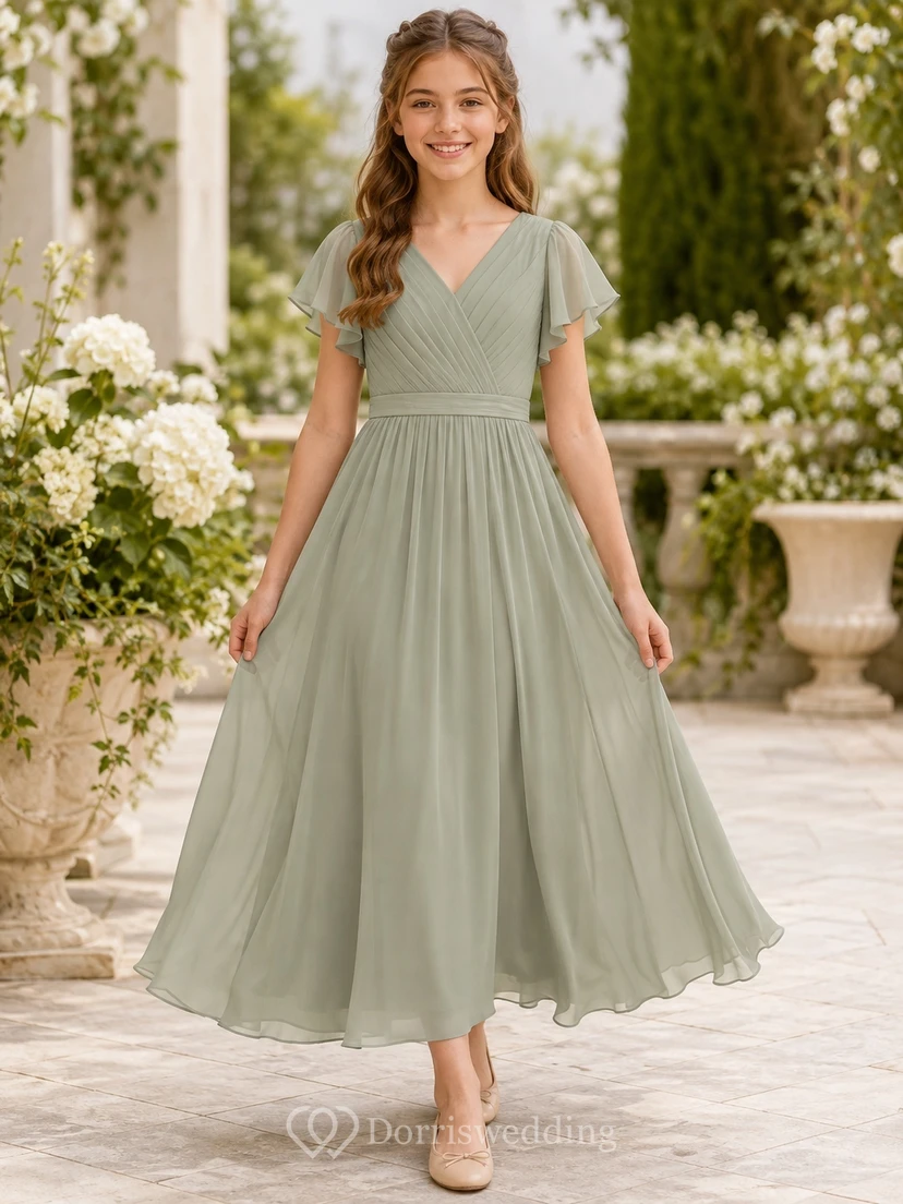 Elegantes Brautjungfernkleid in Celadon-Optik, A-Linie, V-Ausschnitt, kurze Ärmel