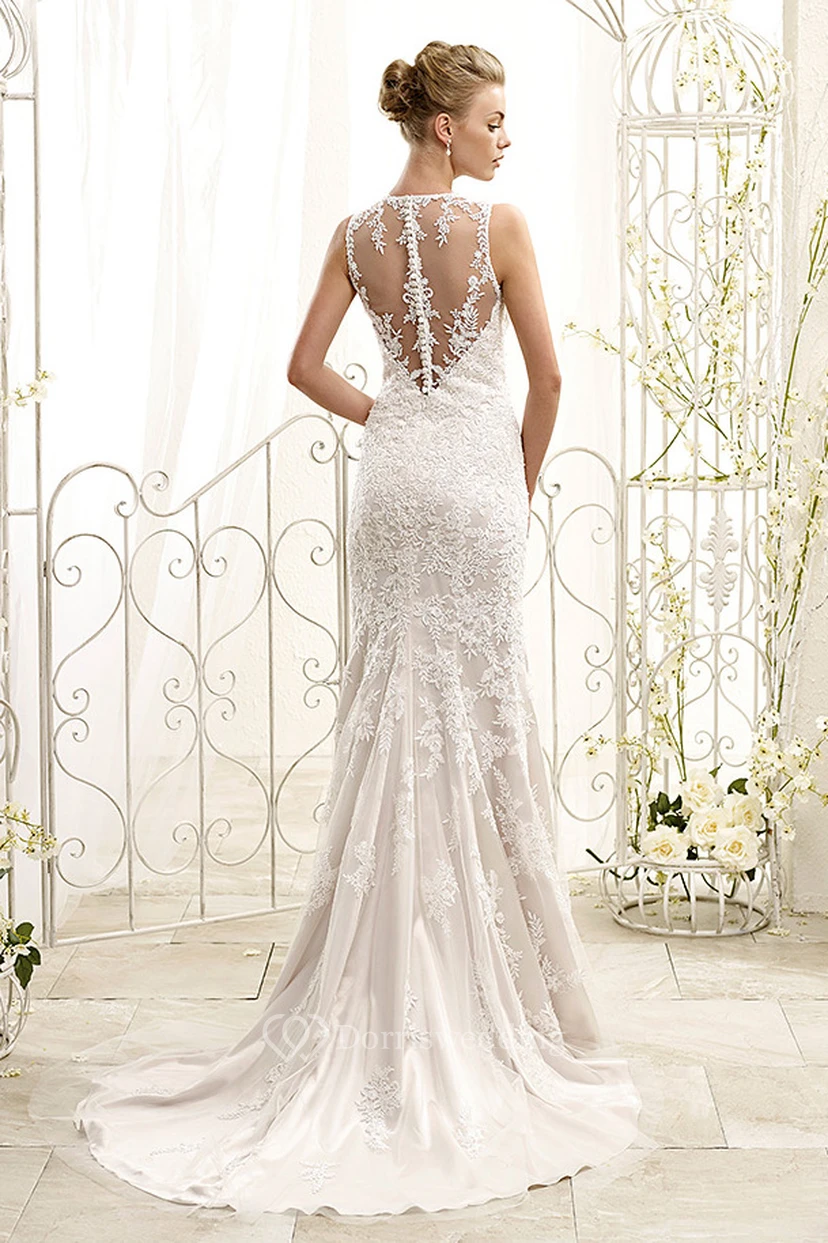 Sheath Long-Sleeveless High Neck Lace Wedding Dress With Appliques And Illusion view 2