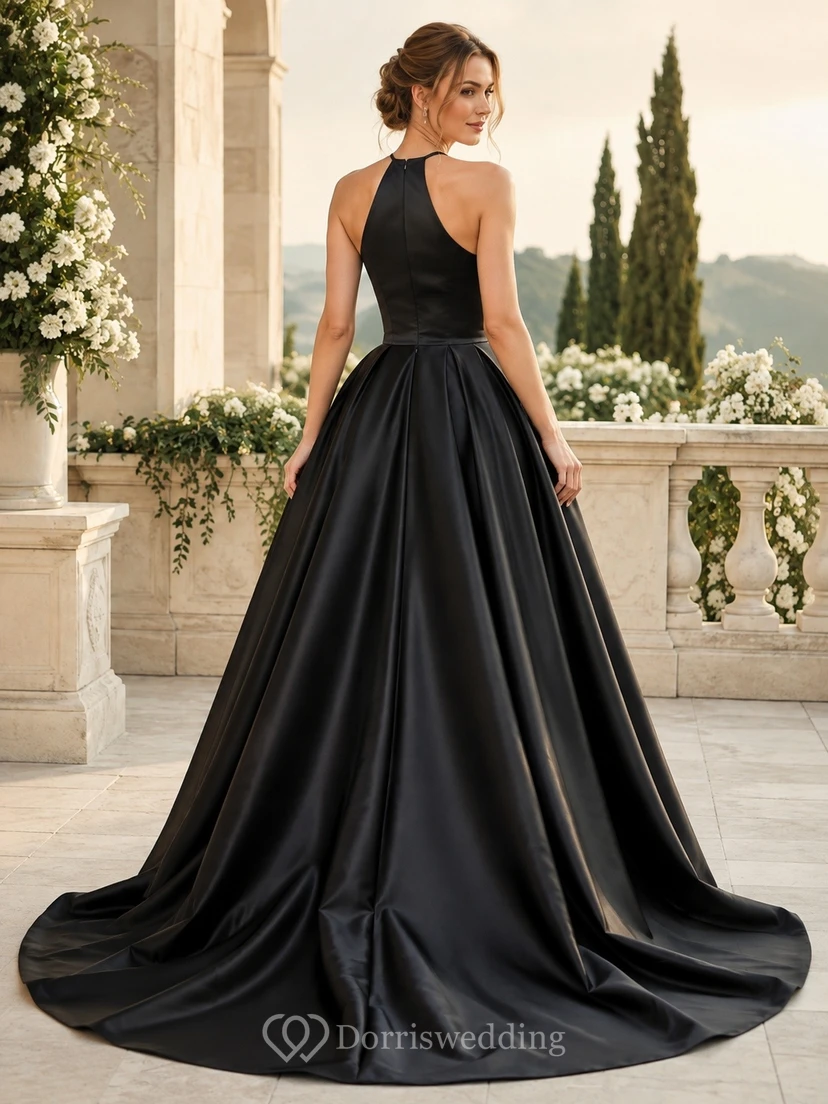 Luxury Black Satin Ball Gown Sweep Train Scoop Neck Straps Evening Dress view 2