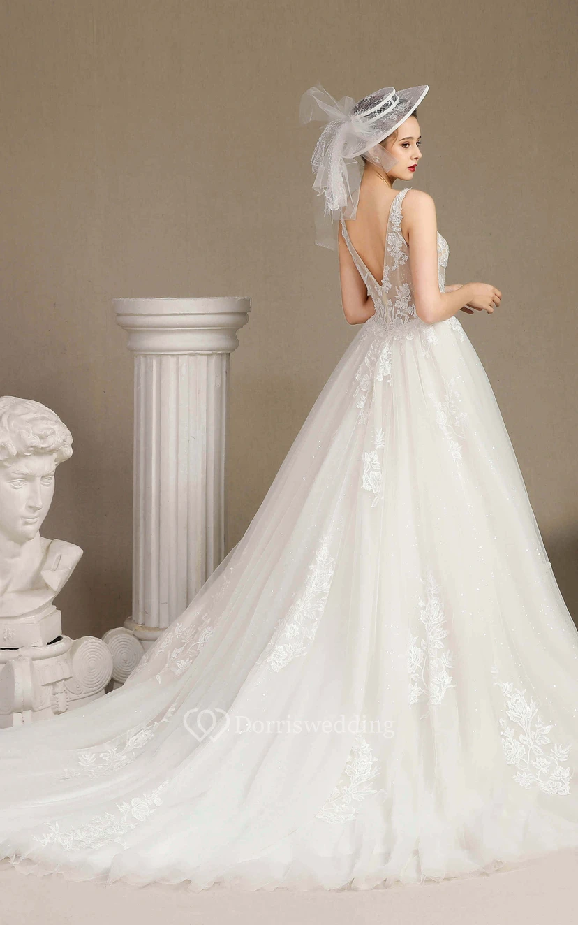 Sexy Plunging V-neck Sleeveless Ballgown Elegant Wedding Dress With V-back And Lace Appliques view 2