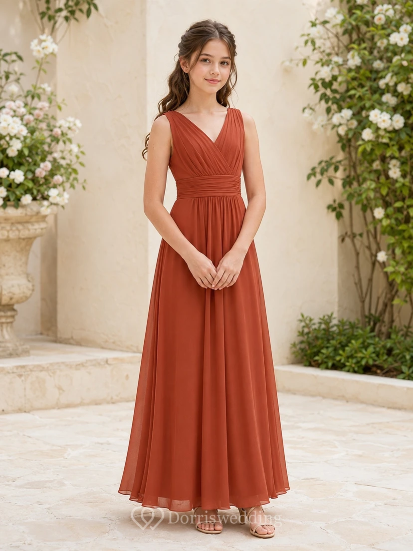 Elegante vestido de dama de honor juvenil sin mangas, de gasa color bermellón, con escote en V y corte en A, largo hasta el suelo.