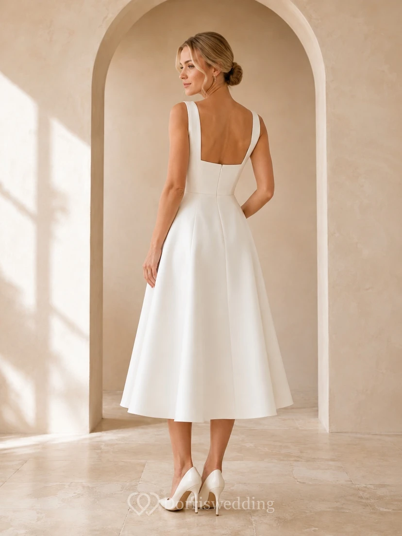 White Satin Square Neck Sleeveless A-Line Tea-length Simple Elegant Romantic Garden Occasion Dress view 2