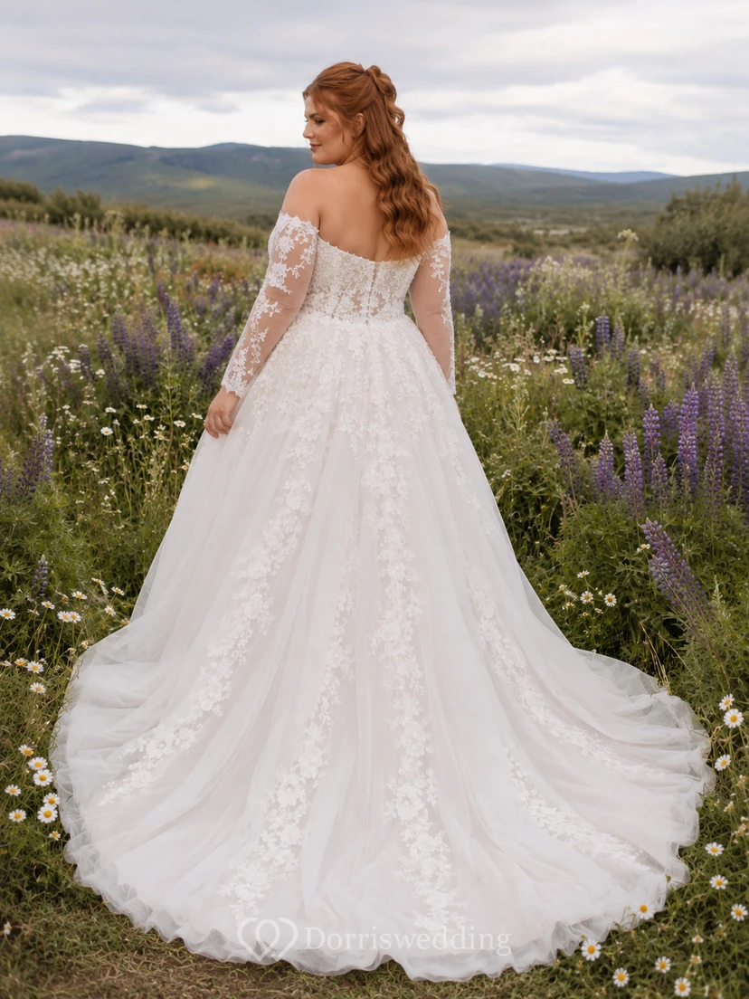 Plus Size Off Shoulder Lace Meadow Wedding Dress view 2
