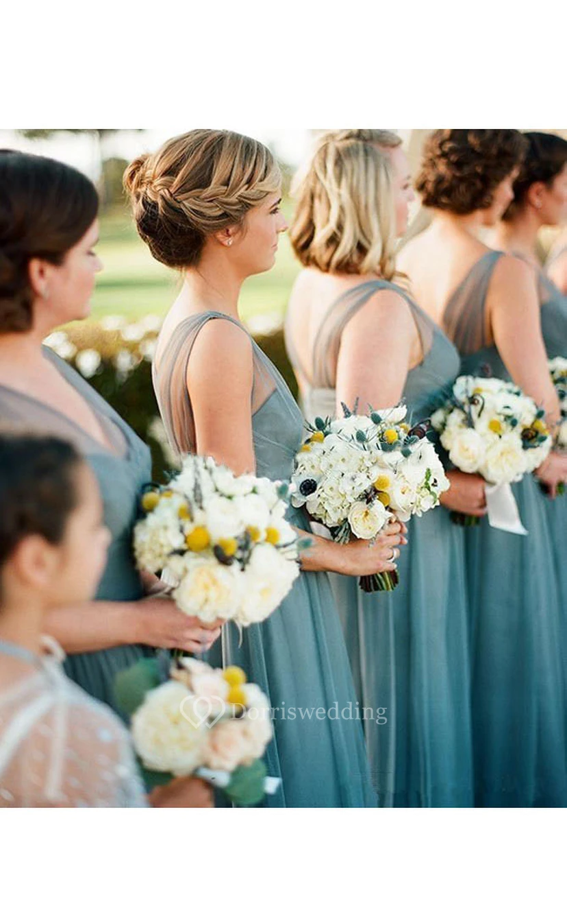A-line Floor-length V-neck Sleeveless Pleats Tulle Dress view 2