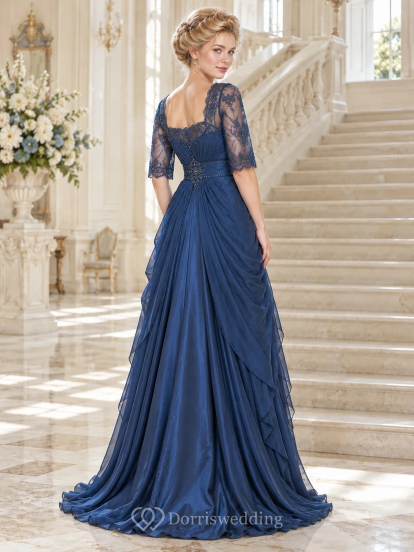 Robe de soirée vintage édouardienne à col carré, dentelle bleue, manches courtes et drapée view 2