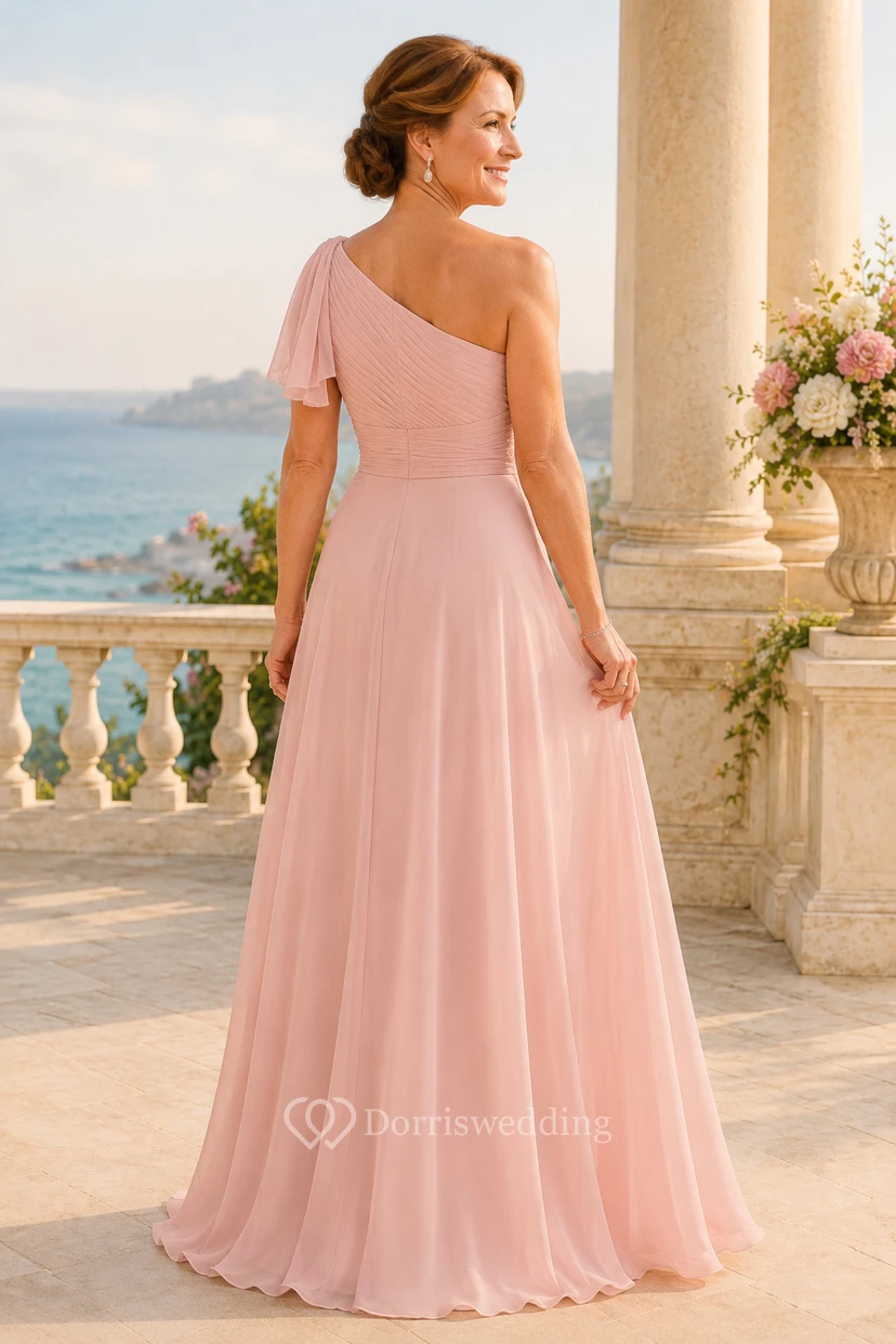 Zartrosa A-Linien-Kleid aus Chiffon mit One-Shoulder-Schulter und weicher Schleife view 2