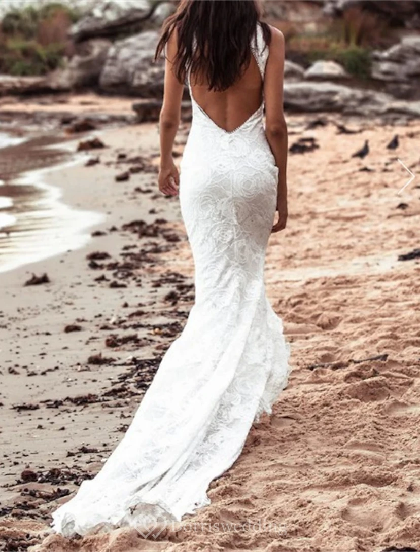 Modern Halter Lace Wedding Dress with Front Slit view 5