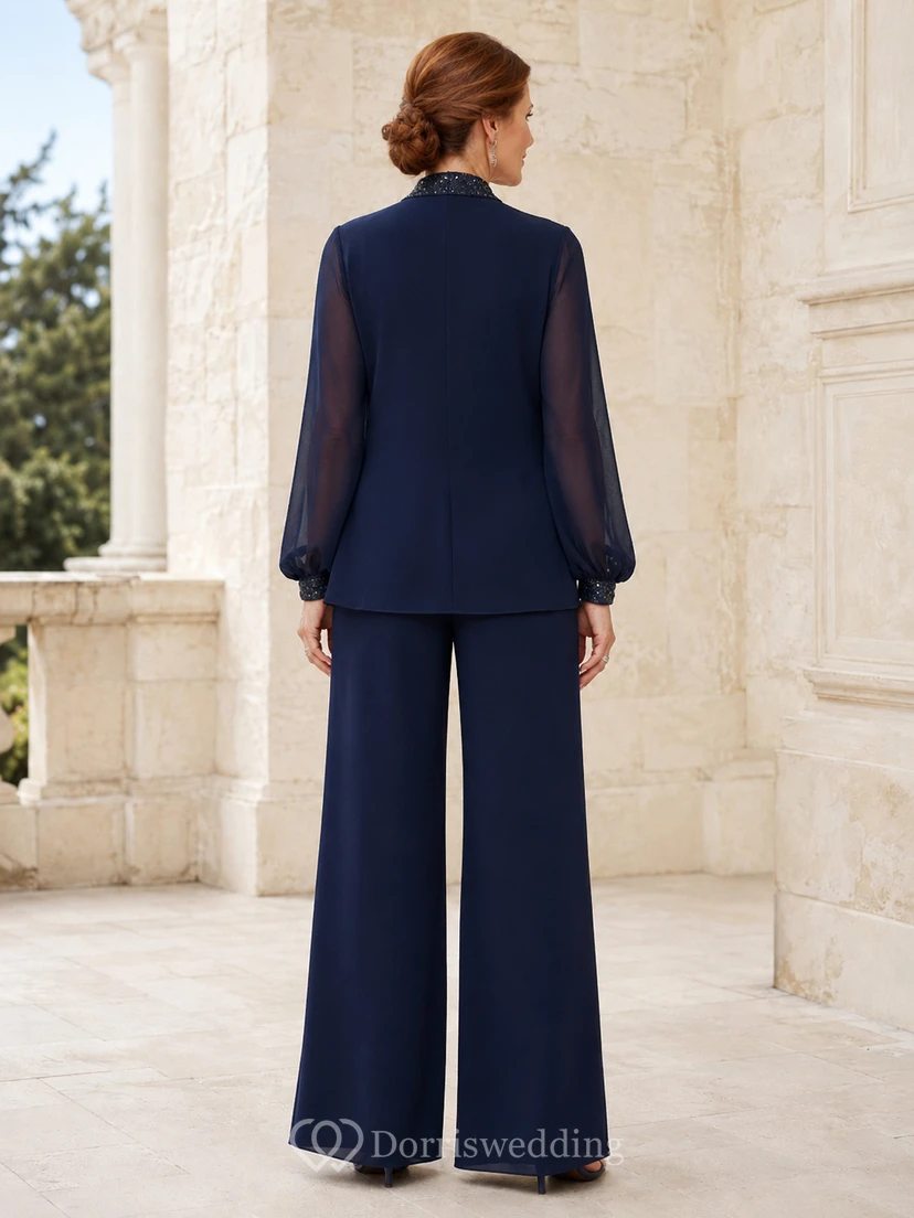 Dark Navy Mother Pantsuit with Poet Sleeve Chiffon Jacket, Cowl Top and Wide Leg Pants view 2